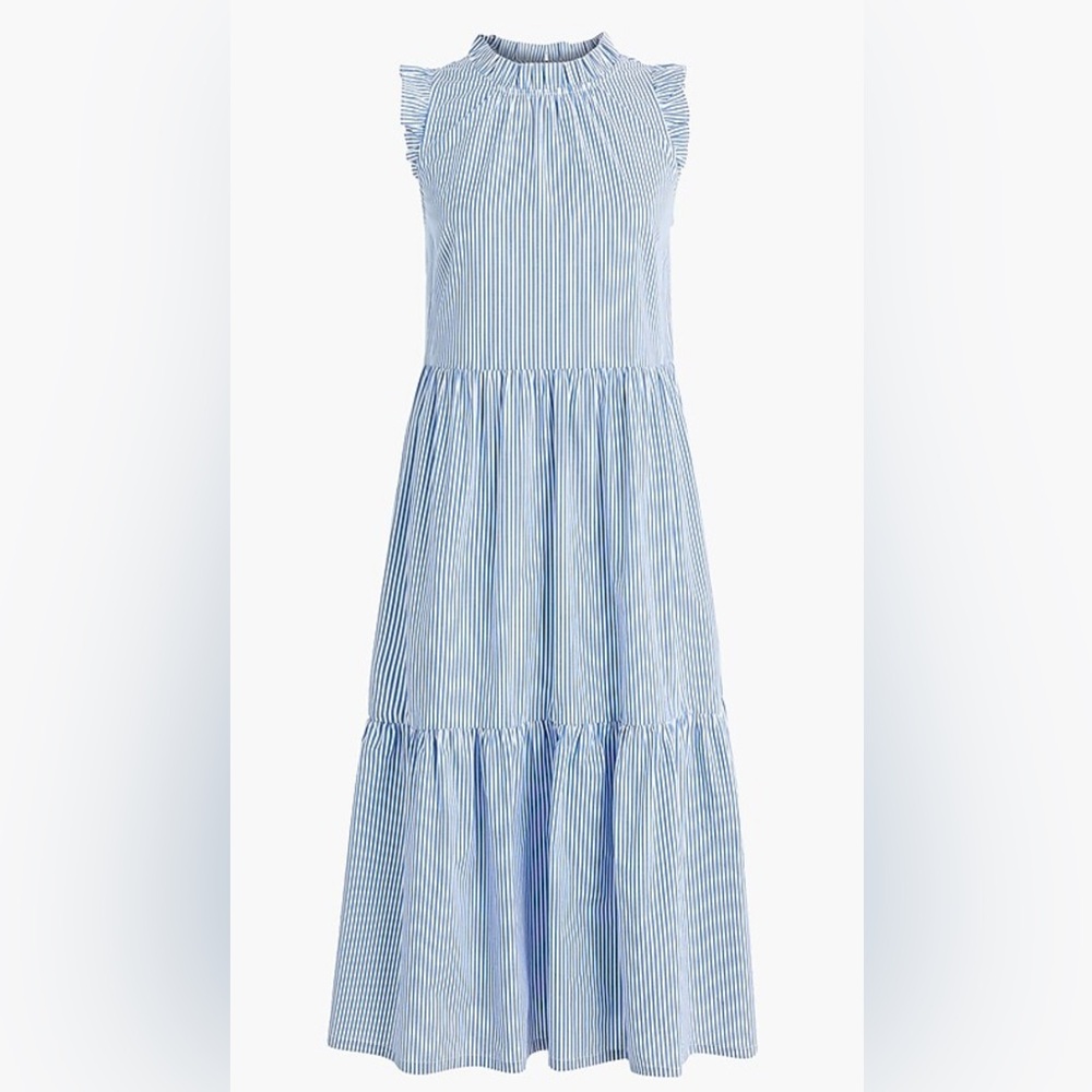 J. Crew Blue White Stripped Seersucker Tiered Dress Size 4 Preppy Southern EUC